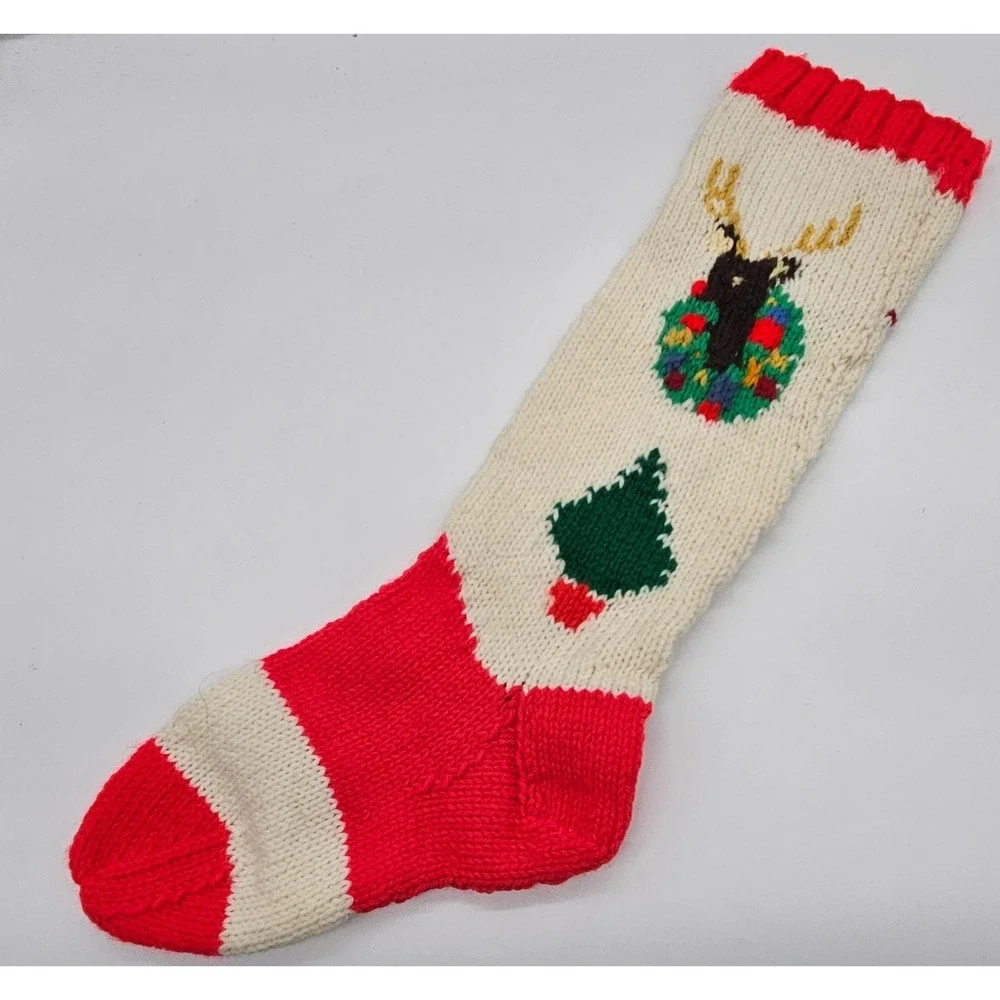Vintage Hand Knit Christmas Stocking Reindeer Wreath Tree Red Cream Wool Blend